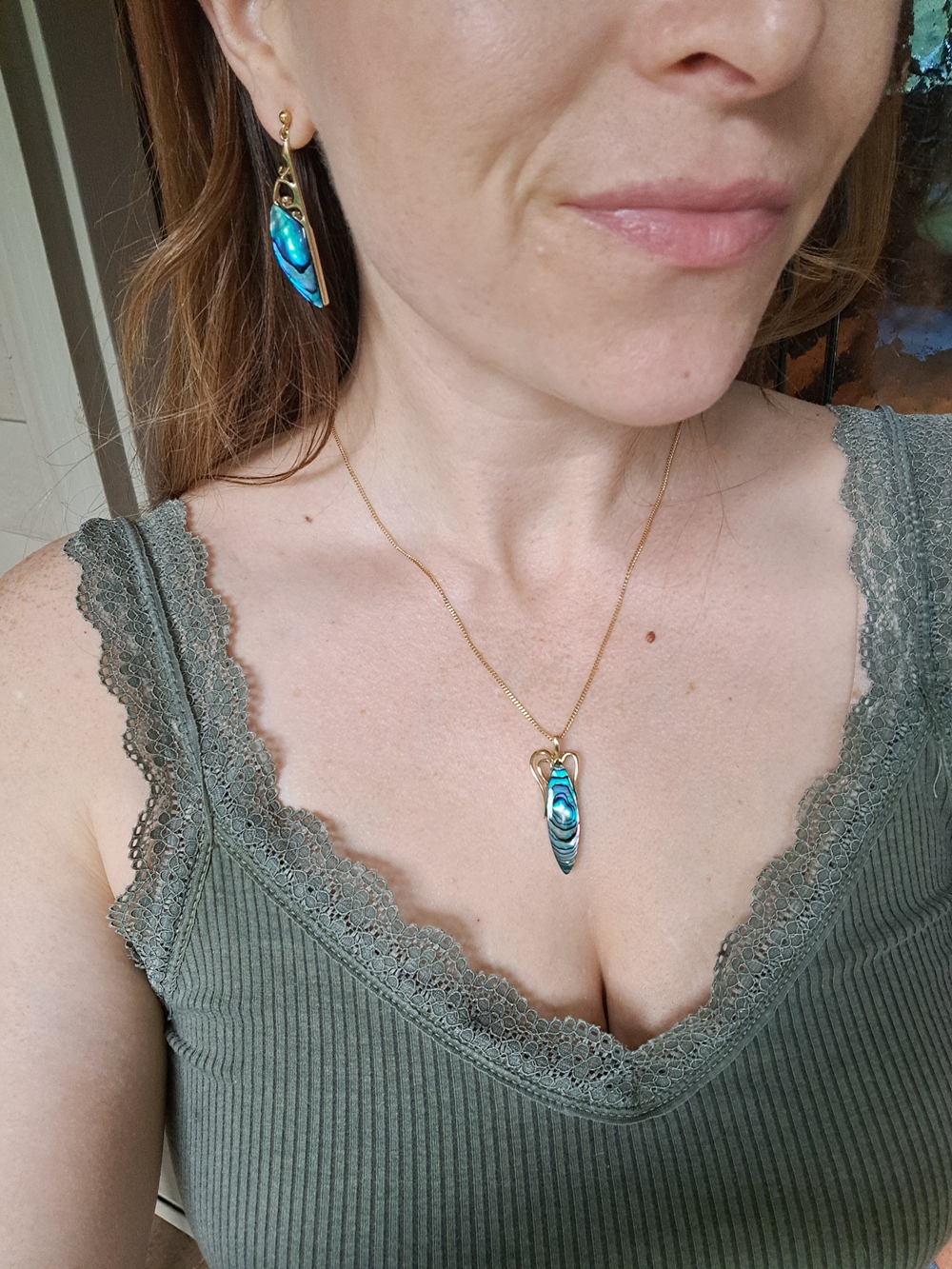 Vintage Gold Abalone Pendant Necklace and Earrings Set - Blue Green